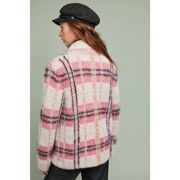 Anthropologie Maeve Women's Pink Cream Plaid Aurelia Sweater Jacket Medium - Picture 2 of 11